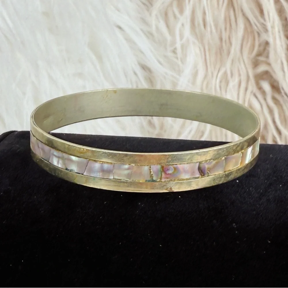 Vintage Boho Chic Oxidized Silvertone Abalone Mexico Stacking Bangle Bracelet